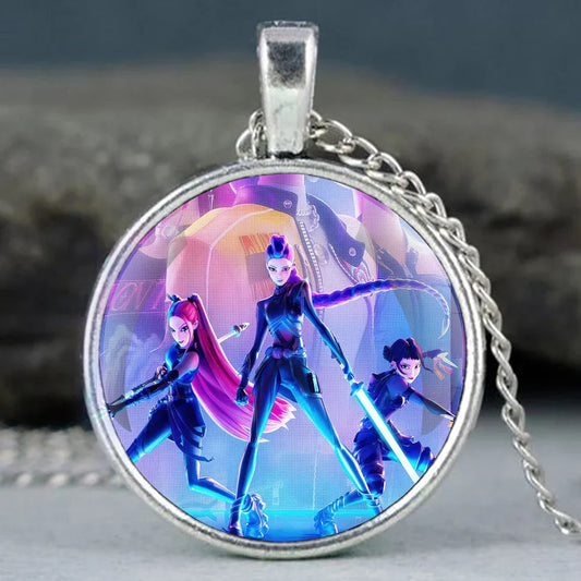 Handcrafted K-Pop Demon Hunters Glass-Dome Pendant Necklace – Trendy Unisex Jewelry